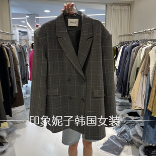 欧洲站2026秋季新款格子西装女双排扣中长款通勤外套港风西装