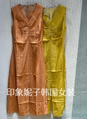 现货欧洲站2026夏季新款褶皱收腰无袖V领长连衣裙5721
