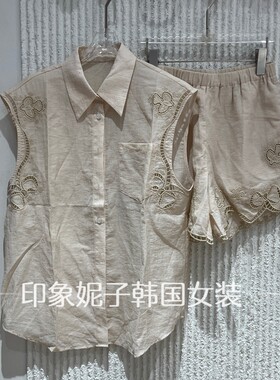 欧洲站2026夏刺绣衬衫短裤套装