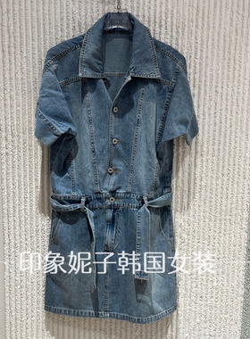 现货欧洲站2026夏新款牛仔风翻领短袖连衣裙女休闲百搭收腰042501