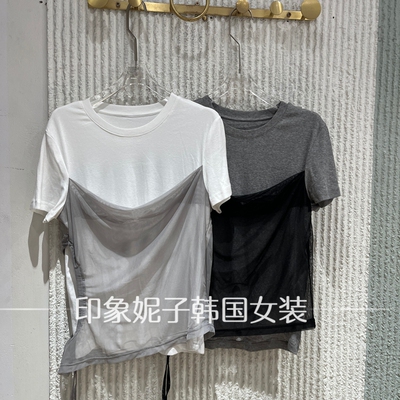 夏季网纱拼接假两件显瘦T恤女