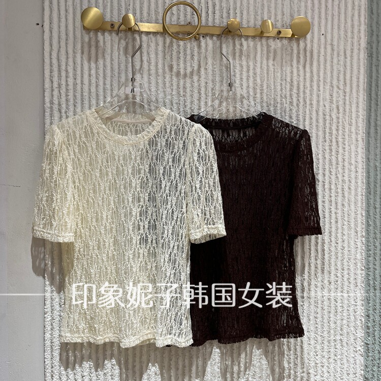 欧洲站2026夏新款时尚百搭显瘦圆领短袖蕾丝T恤女潮上衣3540