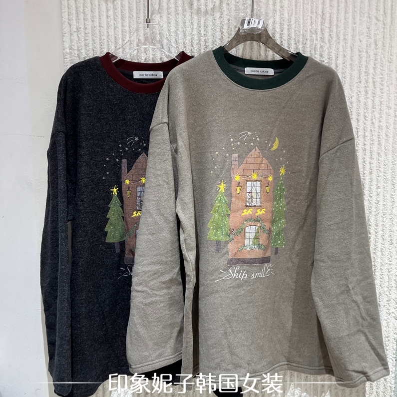 欧洲站2025冬季新款over时尚百搭圆领长袖休闲印图T恤女63589