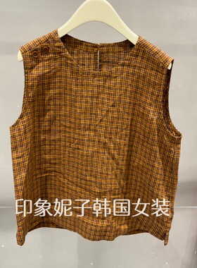 夏季新款格子亚麻无袖中长背心