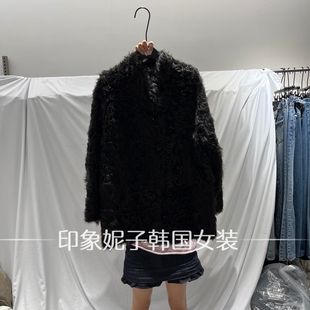欧洲站 2026 秋季新款黑色立领中长款毛绒外套女