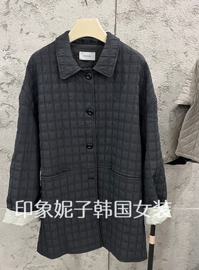 韩国进口秋冬方格衍缝中长外套