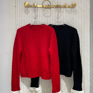 圆领拼色袖 时尚 口麻花山羊绒针织毛衣2025R46 新款 欧洲站2025冬季