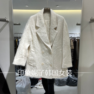 欧洲站 2026 秋季新款米白翻领双排扣中长款毛绒大衣女