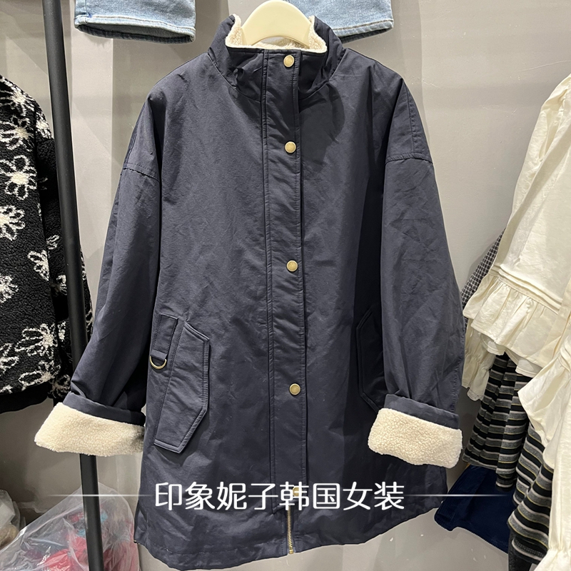 欧洲站立领羊羔毛外套女中长款宽松显瘦单排扣保暖风衣