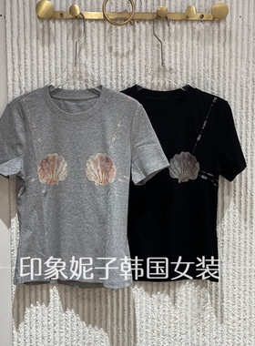 欧洲站2026夏季新款贝壳印花短袖T恤女休闲圆领修身百搭上衣35015