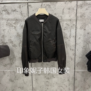 韩国进口2026秋季新款复古做旧棒球领皮衣外套女短款宽松机车夹克