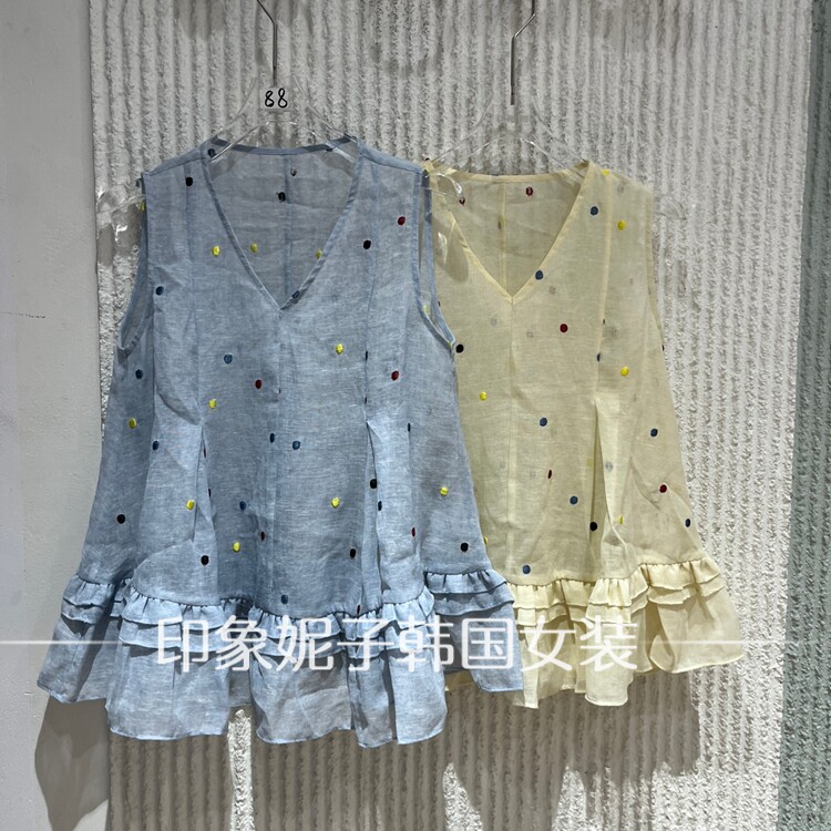 现货欧洲站2026夏季新款中长款荷叶边甜美可爱V领背心吊带10115