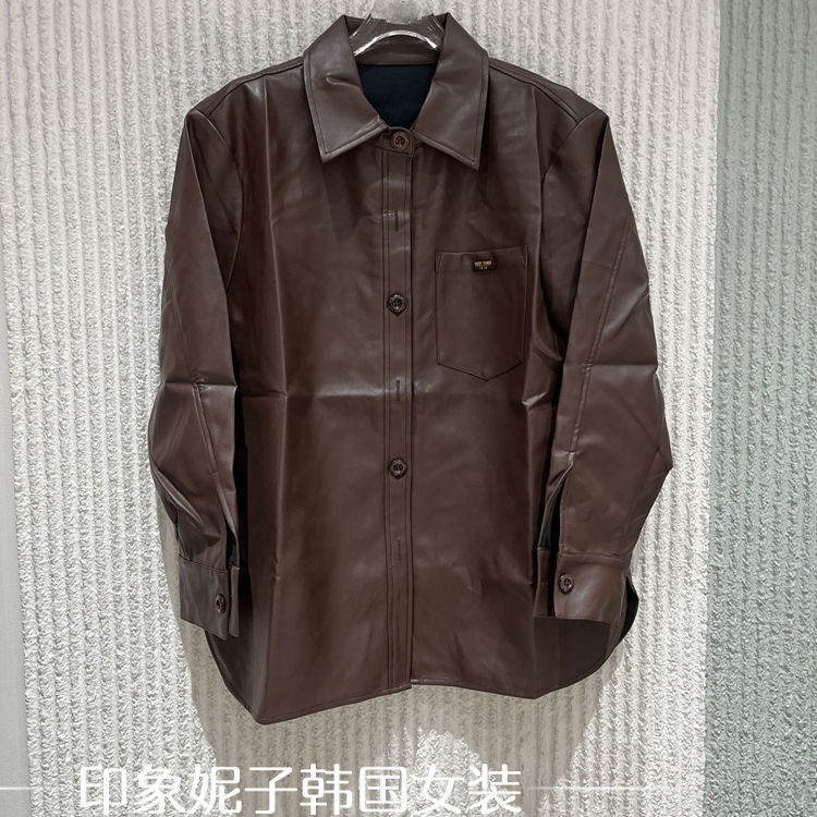 欧洲站2025秋季新款时尚翻领单排扣衬衫款PU皮衣外套女上衣95Y852