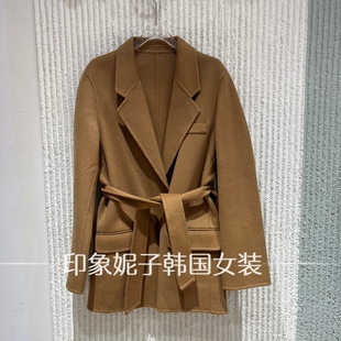 欧洲站2026冬季新款大翻领绵羊毛风衣女系带收腰大衣老钱风242292