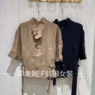 现货欧洲站2026夏新款极简风立领系带衬衫女长袖显瘦衬衣68305