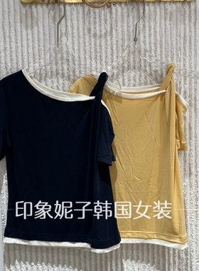 现货欧洲站2026夏新款百搭圆领短袖T恤女休闲撞色边条上衣16187