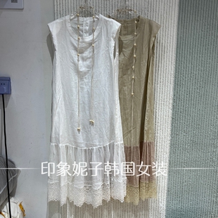 现货欧洲站2026夏季新款圆领无袖连衣裙女蕾丝拼接显瘦长裙15258