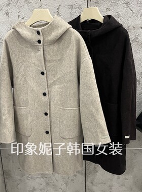 韩国进口秋冬连帽双面呢女大衣