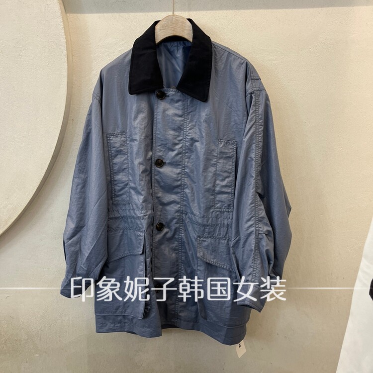 韩国进口2026春季新款多口袋翻领撞色宽松休闲百搭中长款外套女
