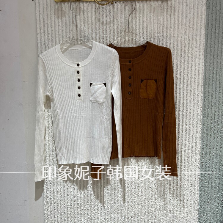 欧洲站2026秋季新款修身显瘦圆领半扣针织T恤女百搭上衣901001图片