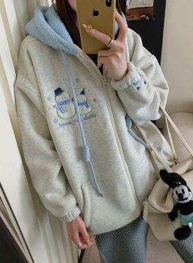 韩系甜美学院风连帽开衫卫衣女秋冬新款宽松慵懒百搭上衣加厚外套