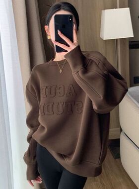 咖色圆领加绒卫衣女2026韩版新款爆款秋冬宽松中长款遮屁股上衣服
