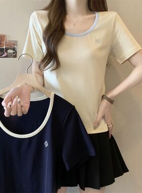 设计感U领短袖t恤女夏季新款小个子显瘦百搭休闲纯棉撞色正肩上衣