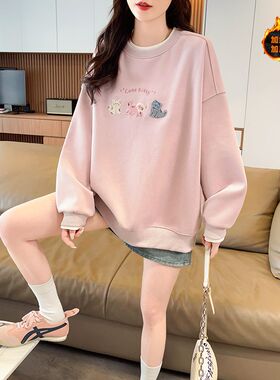 小猫刺绣假两件圆领卫衣女2026春秋新款小众设计感宽松无帽上衣服