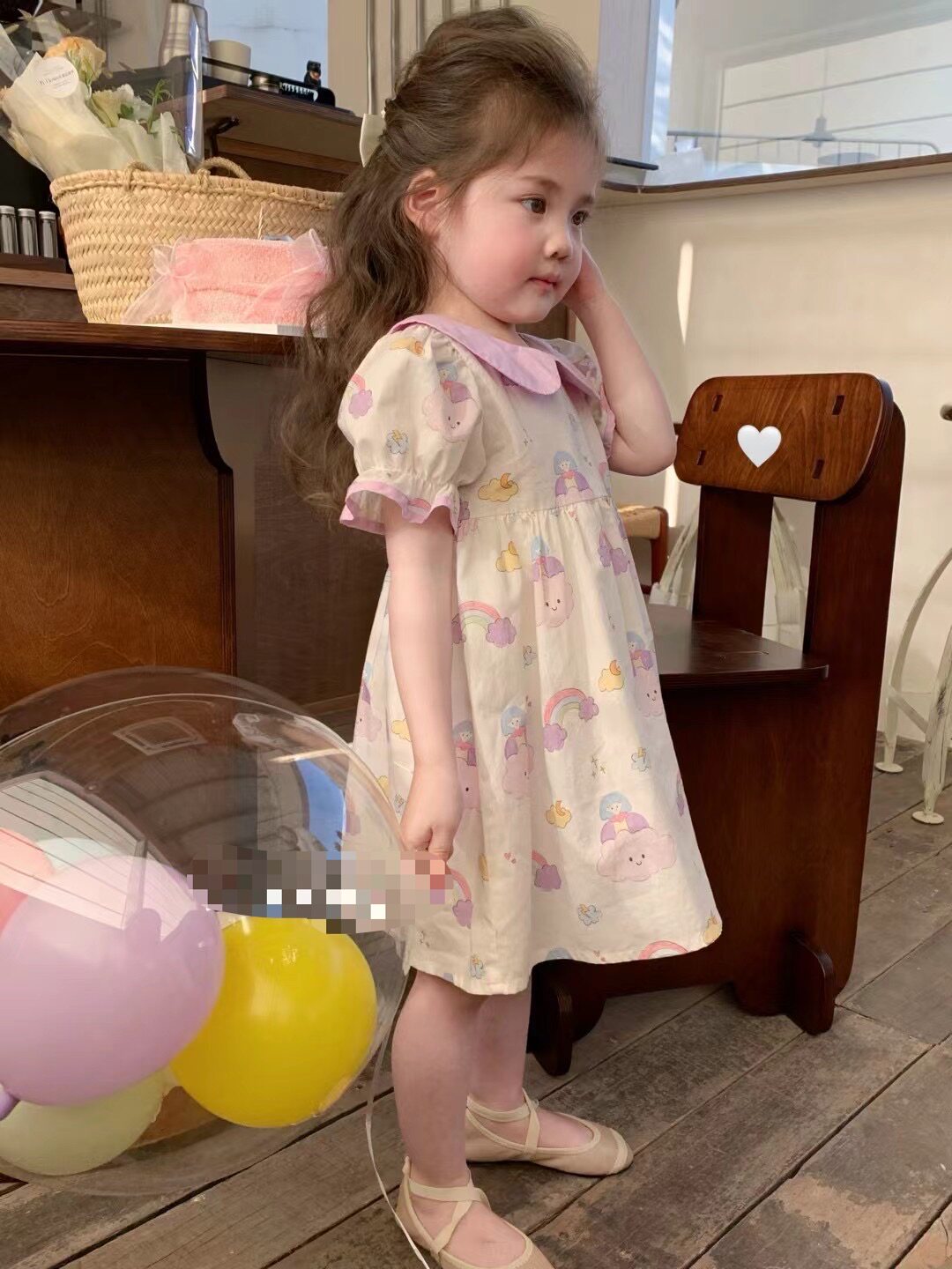 女童连衣裙2026夏季新品中小童荷叶领卡通彩虹小云朵连