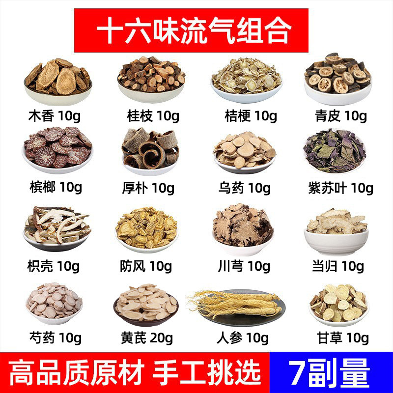 十六味流气饮木香桂枝桔梗青皮槟榔厚朴乌药紫苏叶枳壳防风中药材