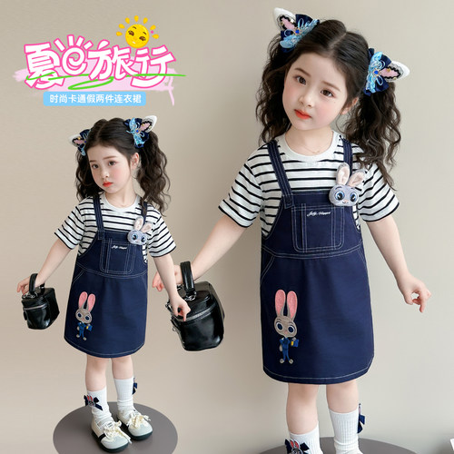 女童假两件短袖条纹背带连衣裙