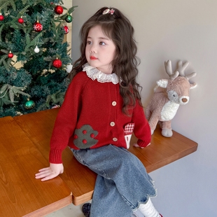 女童针织开衫外套2025儿童超好看红色新年衣服宝宝圣诞毛衣秋冬装