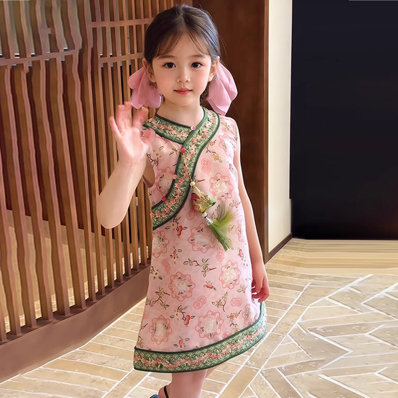 女童新中式国风旗袍裙夏装儿童公主女宝民族风背心连衣裙34567岁
