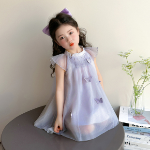 女童无袖儿童蝴蝶古风纱裙童装春夏季连衣裙小童沙裙宽松韩版洋气