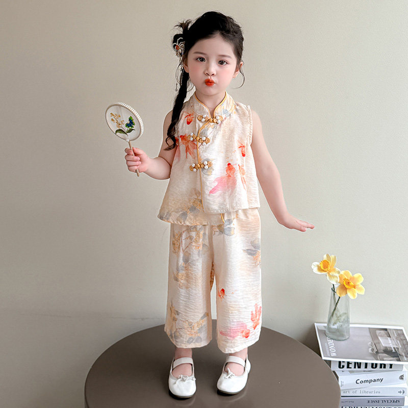 汉服女童棉绸套装夏季2025新款洋气儿童新中式夏装女宝国风两件套