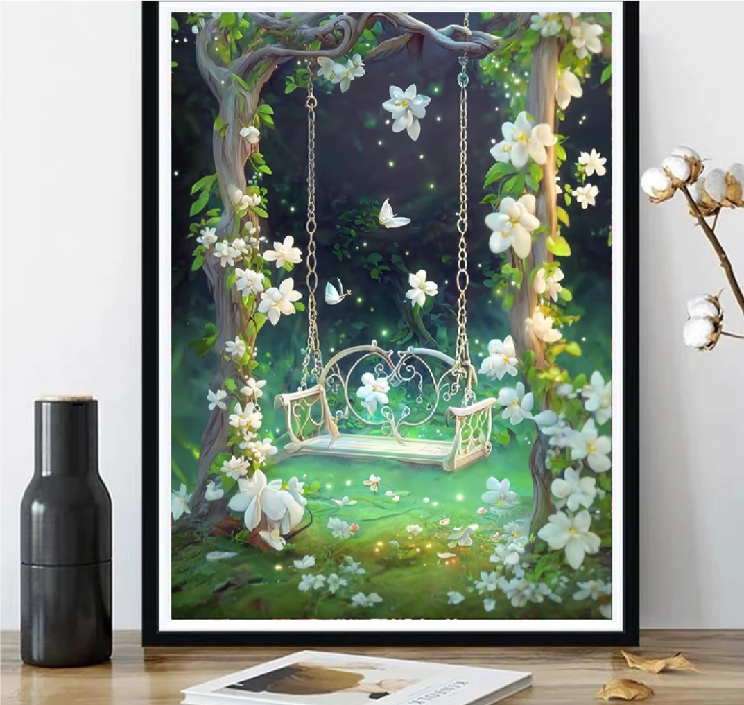 梦幻花园秋千十字绣新款线绣客厅玄关竖版刺绣风景手工蒙娜丽莎