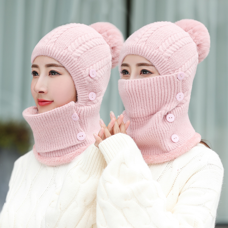 冬季女士一体保暖帽子针织围脖口罩连体帽户外骑车加绒毛线帽