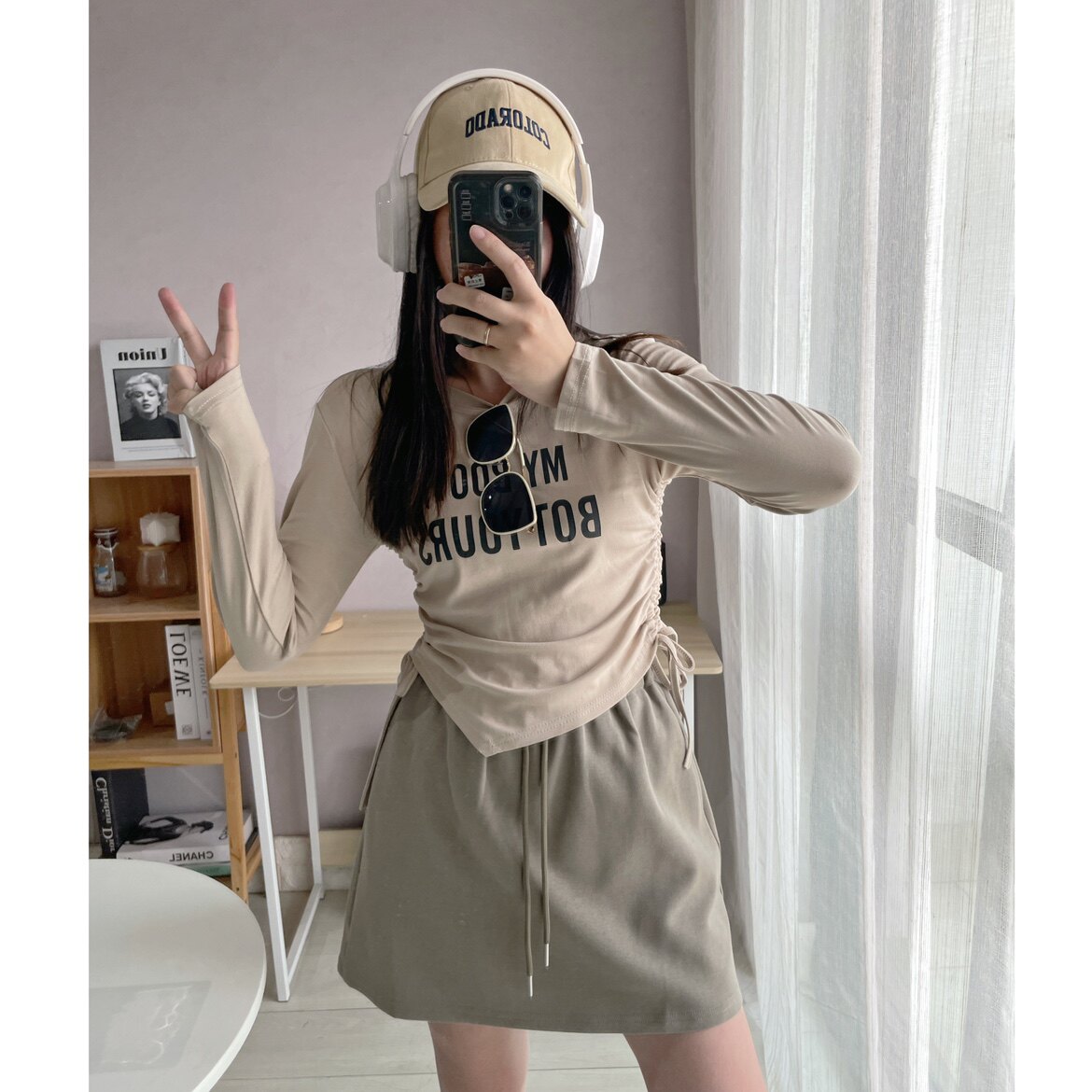 SA小树2023秋不规则字母印花抽绳长袖T恤女修身显瘦百搭打底衫潮