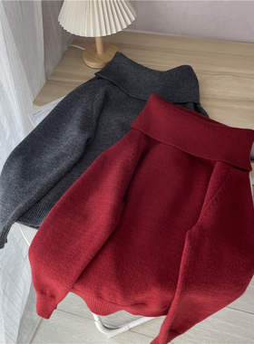 SA小树2026新年款复古氛围感一字肩红色毛衣女气质宽松针织衫上衣