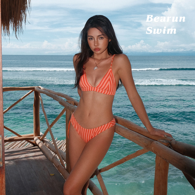 BEARUN SWIM 条纹比基尼小胸聚拢2025新款海边度假风泳装分体泳衣