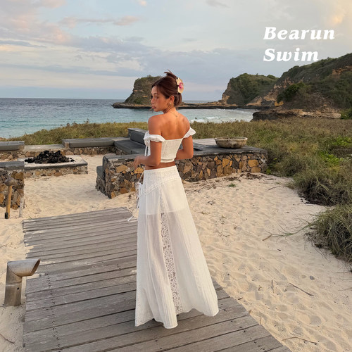 BEARUN SWIM 海边度假风套装女2026一字肩抹胸上衣半身裙两件套