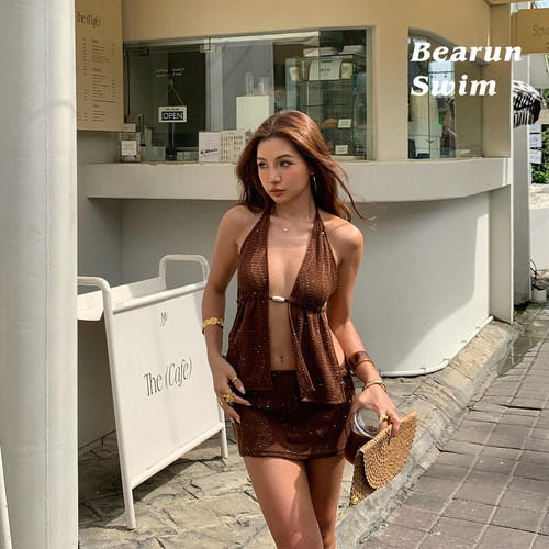 BEARUN SWIM 度假风套装女2026挂脖露背背心上衣半身裙镂空两件套