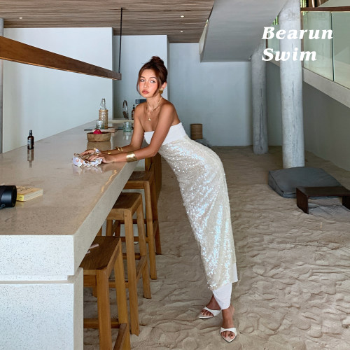 BEARUN SWIM 一字肩抹胸连衣裙女2025新款性感包臀长裙开叉裙子