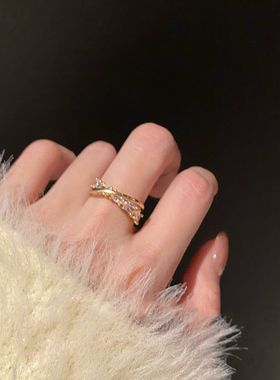 金色交叉锆石开口戒指女时尚个性可调节食指戒ins潮轻奢高级指环