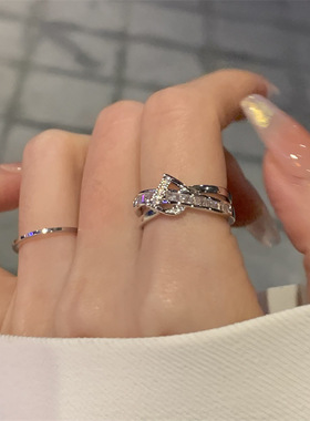 银色字母戒指女小众时尚个性开口可调节食指戒冷淡风轻奢微镶指环