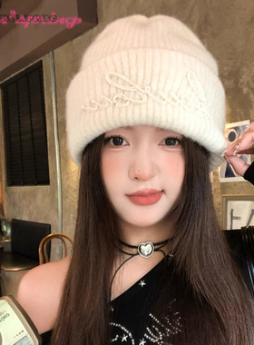 TURN2SPRING 小众设计感 韩版纯色休闲毛线帽加厚字母 针织帽