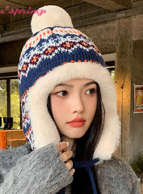 TURN2SPRING 小众设计感 韩版针织花纹骑行复古雷锋帽 护耳帽