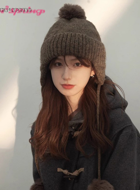 TURN2SPRING 小众设计感 韩版保暖大头围毛绒加厚针织 护耳帽
