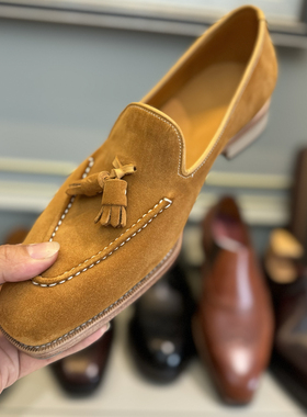 皮底乐福流苏一脚蹬男鞋翻毛皮固特异手工夏季商务休闲姜黄色