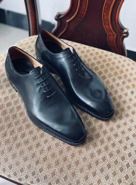 固特异纯手工皮鞋定制简约款整张皮手工上色黑灰色植鞣头层小牛皮